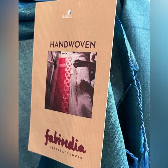 NWT Fabindia Handwoven 100% Silk Wrap Dupatta Stole Scarf Turquoise Teal Blue